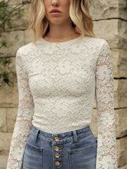 Semi-Sheer Floral Lace Long-Sleeve Top