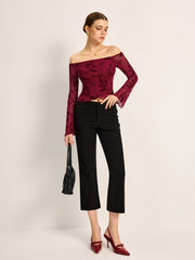 Off-Shoulder Floral Print Semi-Sheer T-Shirt