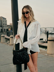 Semi-Sheer Ruffled Detail Blouse With Contrasting Tie