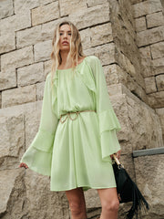 Semi-Sheer Ruffled Sleeve Chiffon Dress Without Belt