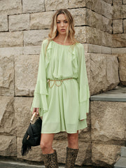 Semi-Sheer Ruffled Sleeve Chiffon Dress Without Belt