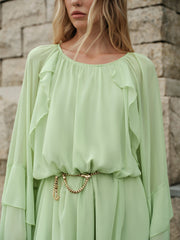 Semi-Sheer Ruffled Sleeve Chiffon Dress Without Belt