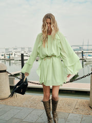 Semi-Sheer Ruffled Sleeve Chiffon Dress Without Belt