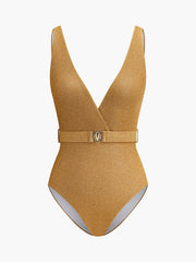 Belted V-Neck One-Piece Swimsuit