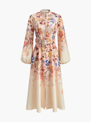 Belted Balloon Sleeve Floral Dress