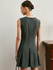 V-Neck Belted Panel Pleated Dress