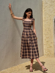 Square Neck Sleeveless Pleated Plaid Dress