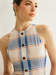Plaid Halter Neck Button-Front Dress