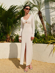 Semi-Sheer Flower Detail Keyhole Neckline Dress