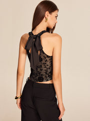 Floral Embroidered Tie-Back Mesh Tank Top