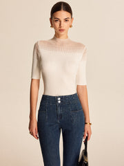 Sheer Ribbed Mock Neck Top