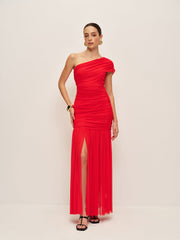 Ruched One-Shoulder Split Dress