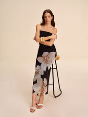 Semi-Sheer Strapless Ruched Floral Mesh Dress