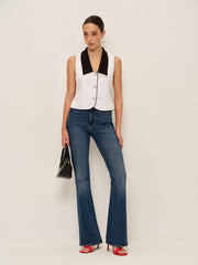Contrast Collar Button-Up Vest With Back Bow