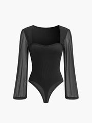Semi-Sheer Mesh Sleeve Ribbed Bodysuit