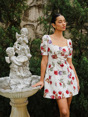 Fruit Print Button-Front Puff Sleeve Dress