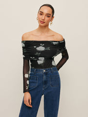 Semi-Sheer Floral Off-Shoulder Mesh Sleeve Top