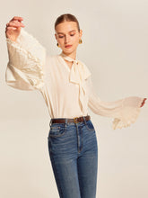 Semi-Sheer Bow Tie Pleated Cuff Chiffon Blouse