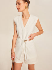 Belted V-Neck Sleeveless Vest