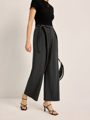 Mid-Waist Tie Belt Pants With Pockets