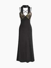 Backless Long-Ribbon Lace Panel Satin Cami Dress