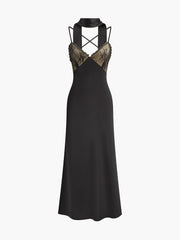 Backless Long-Ribbon Lace Panel Satin Cami Dress