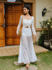 Semi-Sheer Lace Ruffled Trim Buttoned Crop Top