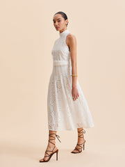 Lace Eyelet Belted A-Line Dress