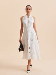 Halter Neck Eyelet Belted Midi Dress
