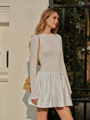 Semi-Sheer Lace Satin Panel Long Sleeve Dress