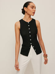 Sleeveless Ribbed Button-Front Top