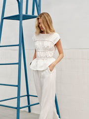 Semi-Sheer Crew-Neck Linen Blouse