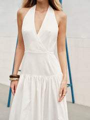 Cotton Halter V-Neck Backless Dress