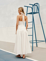 Cotton Halter V-Neck Backless Dress