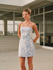 Jacquard Collarless Short Dress With Belt