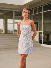 Jacquard Collarless Short Dress With Belt