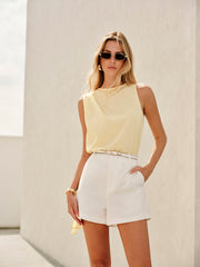 Semi-Sheer Cowl-Neck Sash Back Blouse