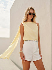 Semi-Sheer Cowl-Neck Sash Back Blouse