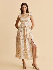 Ruffle Strap Tie-Waist Slit Floral Dress