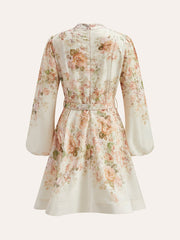 Cotton & Linen Puff Sleeve Floral Belted Dress
