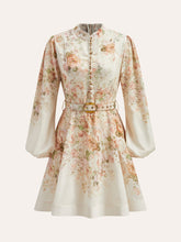 Cotton & Linen Puff Sleeve Floral Belted Dress