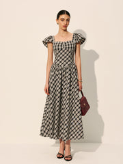 Checkerboard Puff Sleeve Dress