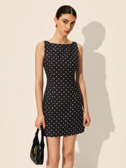 Polka Dot Zipper Crew Neck Short Dress