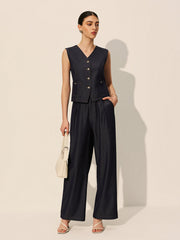 Mid-Waist Pockets Wide-Leg Denim Pants