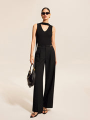 Mid-Waist Pleated Pants With Chain Detail