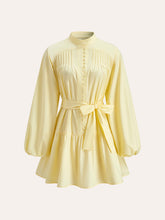 Buttoned Lantern Sleeve Belted Dress