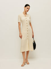 Knit Hollow Buttoned Polo Dress