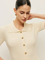 Knit Hollow Buttoned Polo Dress