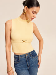 Ribbed Mock-Neck Top With Waist Chain Detail