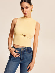 Ribbed Mock-Neck Top With Waist Chain Detail